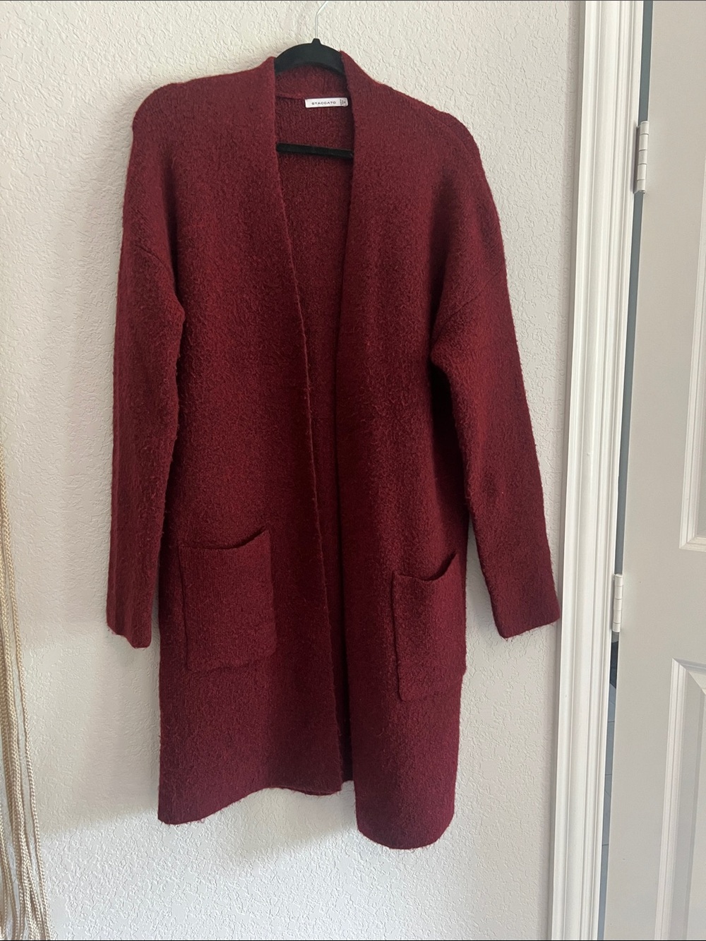 Staccato Open-Front Long Cardigan in Deep Burgundy